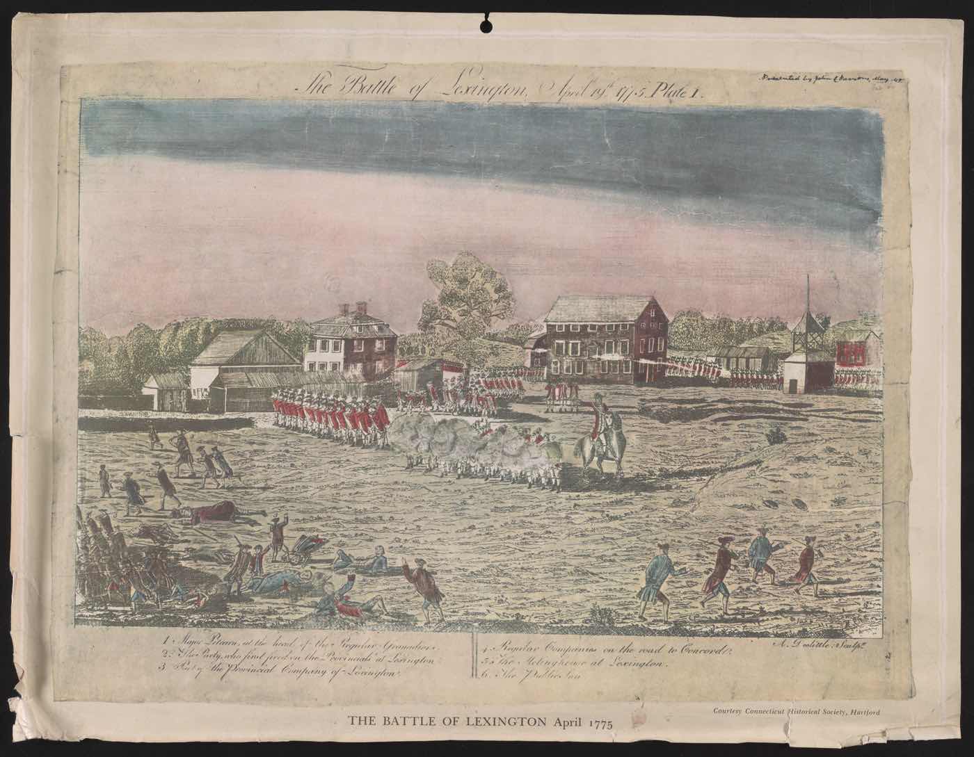 The Battle of Lexington, April 19th, 1775, engraved by Amos Doolittle, December 1775. Color halftone reproduction, Library of Congress.
