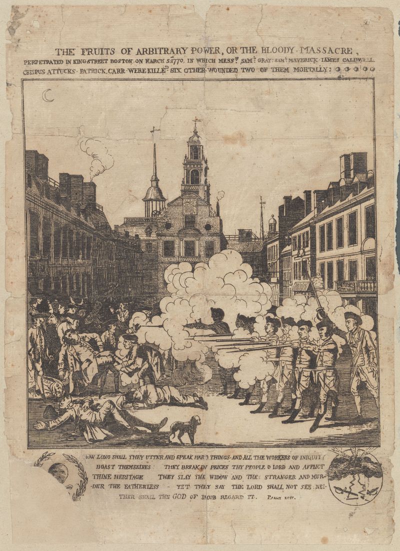 Henry Pelham, The Fruits of Arbitrary Power or The Bloody Massacre, 1770. The original design Paul Revere copied.